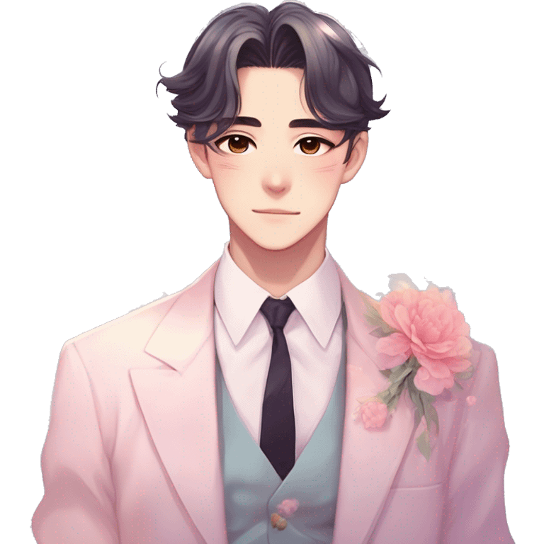 Gorgeous romantic anime style Asian formal modern gentlemanly guy with pretty hair and flower petals and blushing face aesthetic trending style outside with colorful gradient colors  pastelcore cottagecore kawaiicore emoji