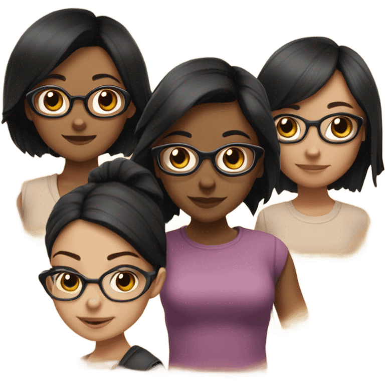 A group of 5 girls consisting of 3 girls with medium-length black hair including one wearing glasses and two dark brown-haired  emoji