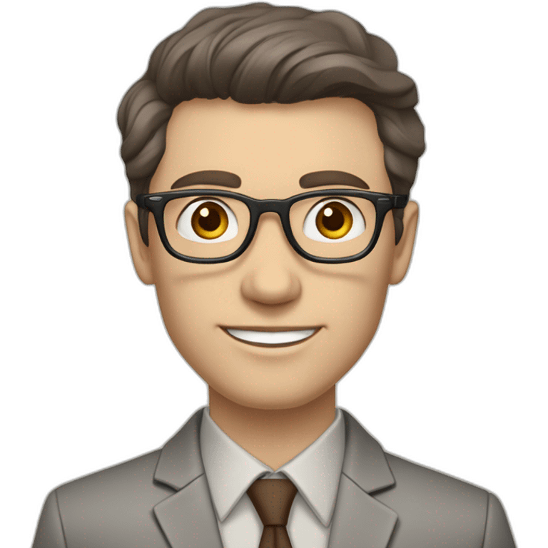 Pale skinned fit man with dark brown hair in gray jacket, beige office shirt, brown tie, brown pants and vintage glasses Writing text on a marker board emoji