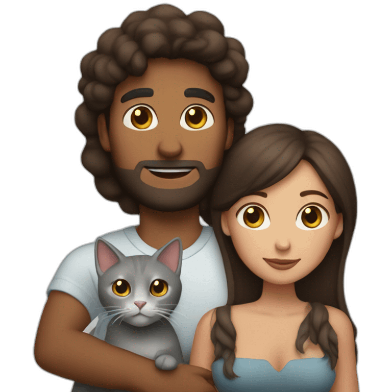 brown man and brunette woman with a big gray cat in their arms emoji