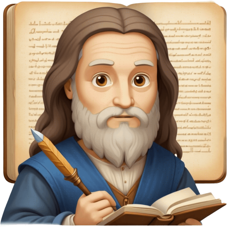 Cinematic Realistic Leonardo da Vinci Portrait Emoji, depicted as the quintessential Renaissance polymath with deep, thoughtful eyes, a flowing beard, and a quill or sketchbook in hand. The scene is illuminated with warm, classical lighting, evoking the atmosphere of a master artist’s workshop, surrounded by early sketches of inventions and masterpieces like the Mona Lisa. emoji