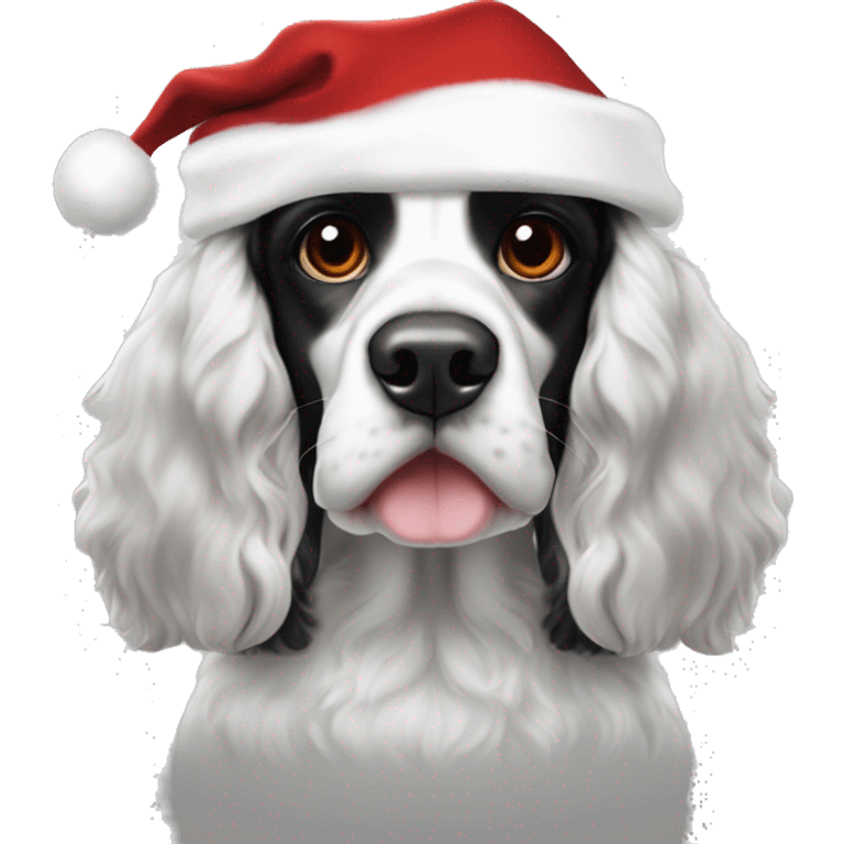 black and white trimed english cocker spaniel with spots on nose and black ears and santa hat emoji