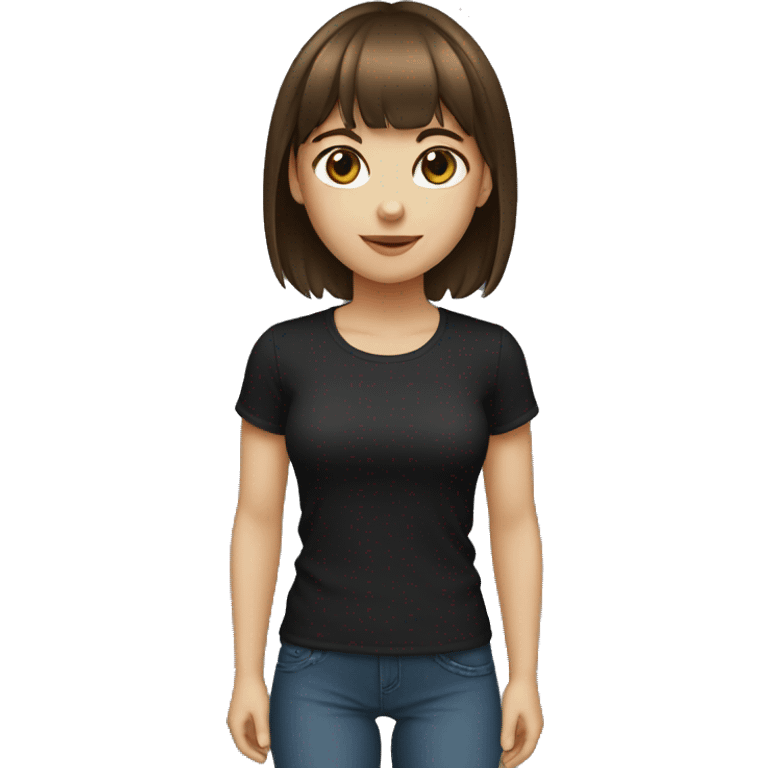 A girl with short brown hair with bangs, brown eyes, black T-shirt, fair skin. Works as a designer emoji