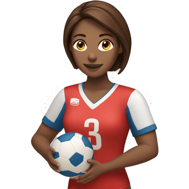 Woman with red jersey and brown hair holding a volleyball in her hands emoji