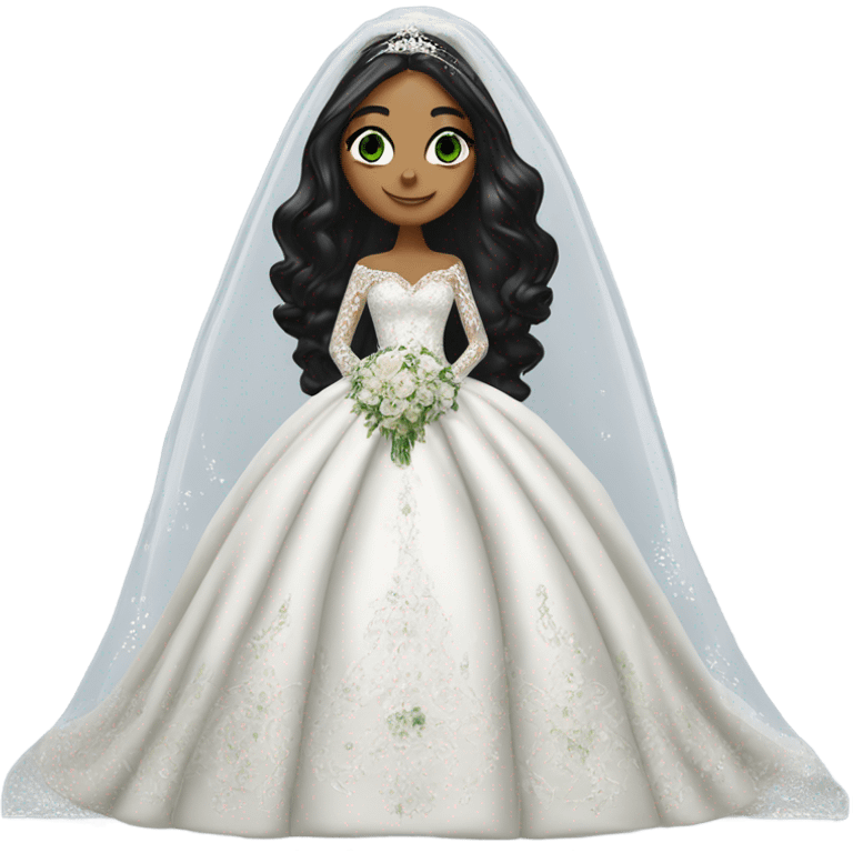 Hyper Realistic ornate ballgown long sleeve Wedding dress with diamanté on bride with green eyes and long black hair with veil emoji