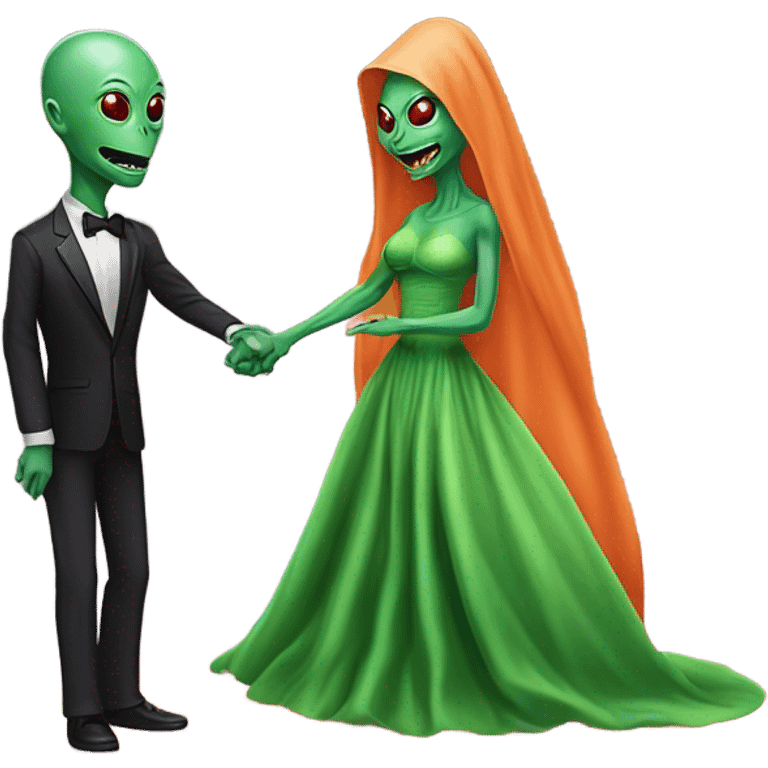 alien reptilian green skin woman, long slim pastel orange formal party satin dress with gradient shiny sparkling dark red, and caucasian man in black dres on his knees asks her to marry her emoji