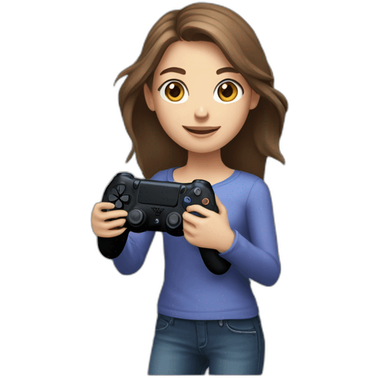 Caucasian Girl with long Brown hair holding a playstation 4 controller as she was playing looking at a screen emoji