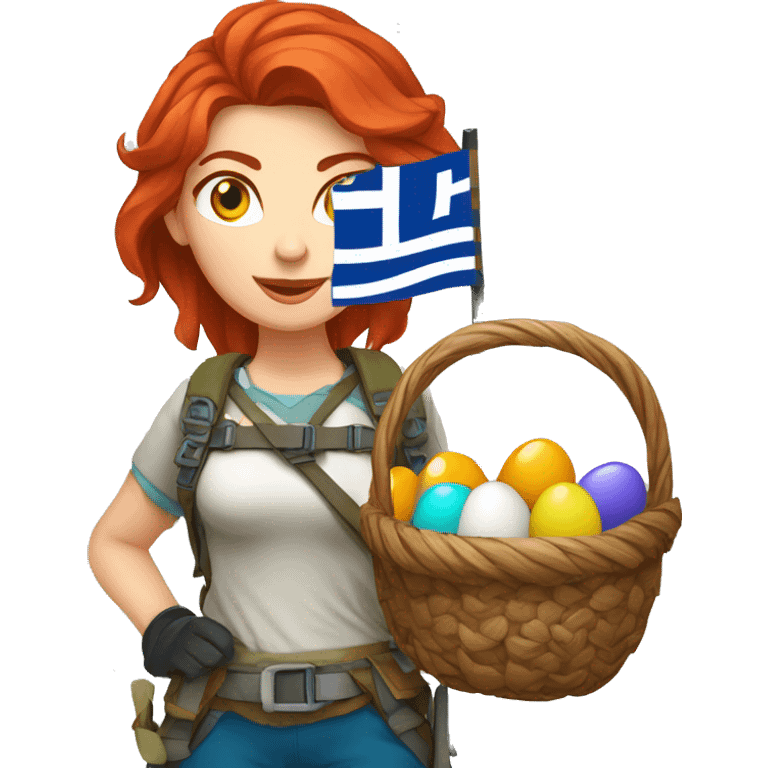 Greek Female winter mountaineer red hair white skin climbing with Greek Flag and Easter eggs basket emoji