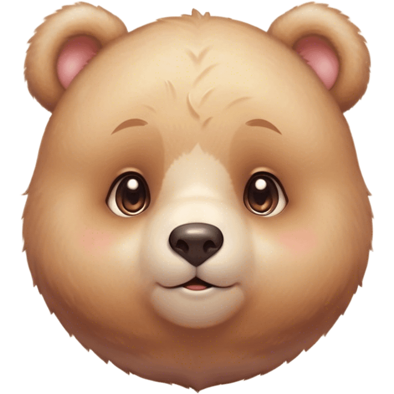 Cinematic cute soft bear, chubby round face, tiny ears, warm fuzzy fur, blushing cheeks, sparkling kind eyes, soft glowing background, heartwarming and huggable. emoji