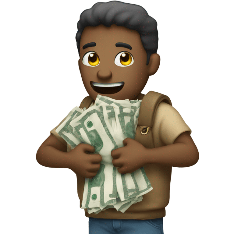 Man hugging money bag no emotion  emoji