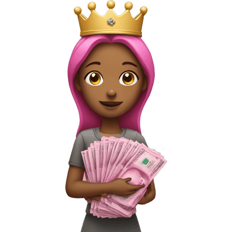 Girl wearing a crown holding a stack of pink money  emoji