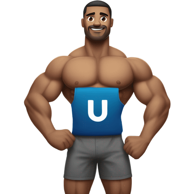 muscular male posing outdoors with UPTHELINK banner behind emoji