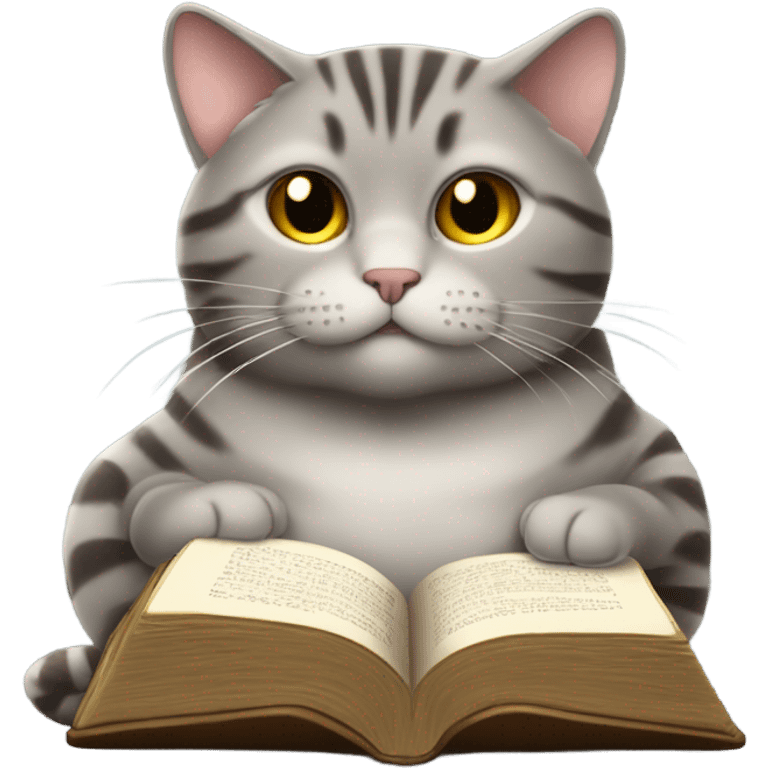 chubby gray tabby cat with golden stomach reading Bible emoji