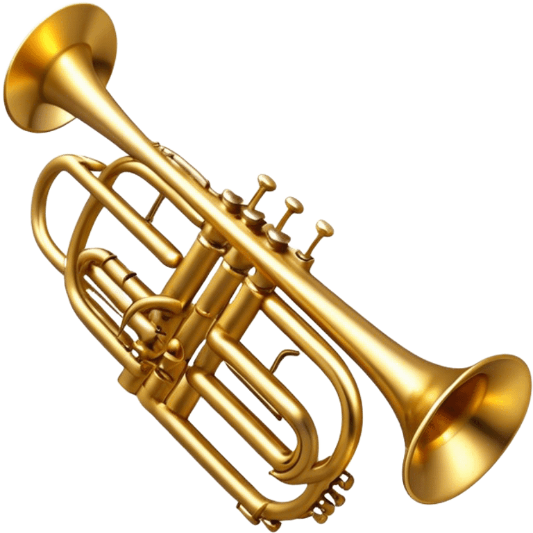 Cinematic Realistic Trumpet, rich golden brass with subtle tarnish marks, soft highlights emphasizing the intricate details, warm reflections of stage lighting bouncing off the metal, glowing with bold and triumphant energy. emoji