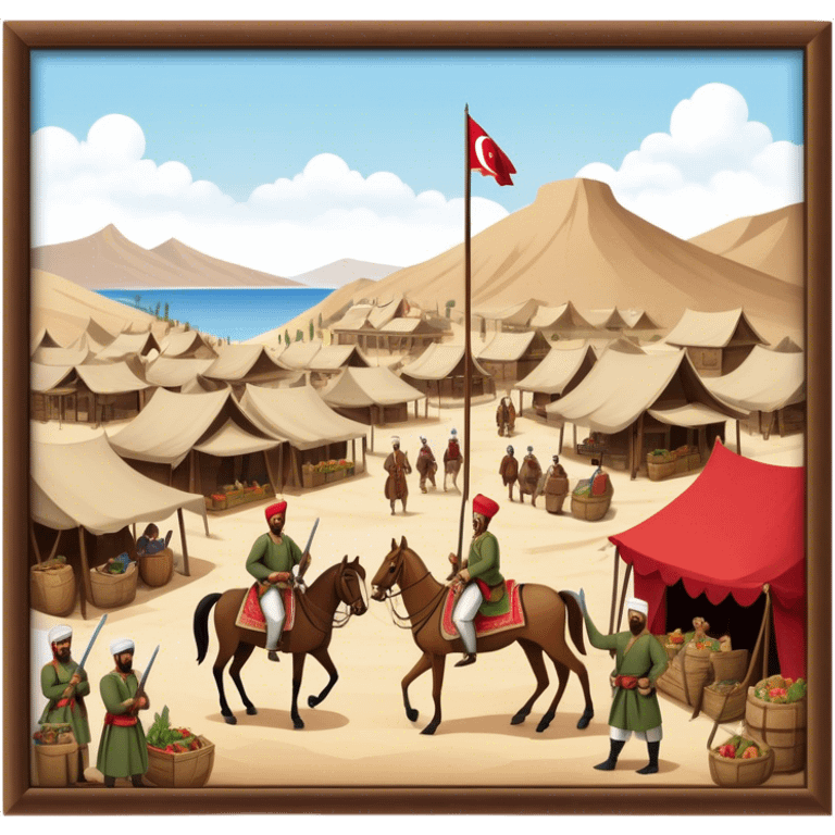 Early Ottoman settlement being built. Wooden houses, tents, and a small market. People in traditional Ottoman clothes, soldiers on horseback, and a flag waving emoji