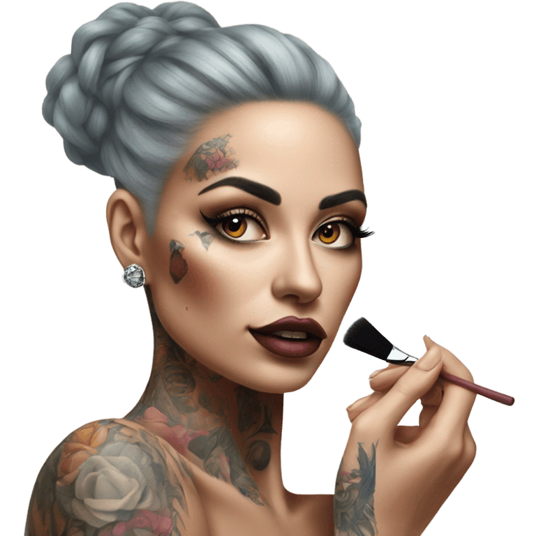 Hyper Realistic Beautiful tattooed woman applying her makeup in a mirror  emoji