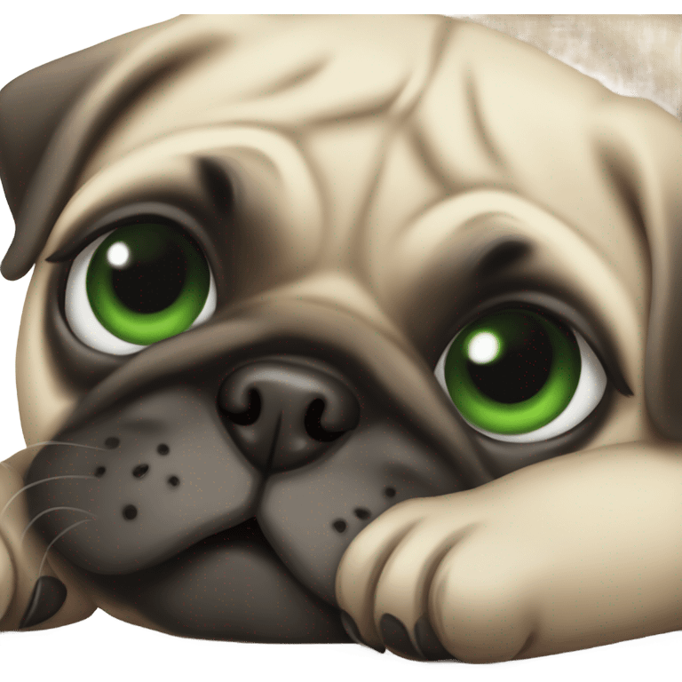 Cute Baby pug with big green eyes happy  lying down  emoji