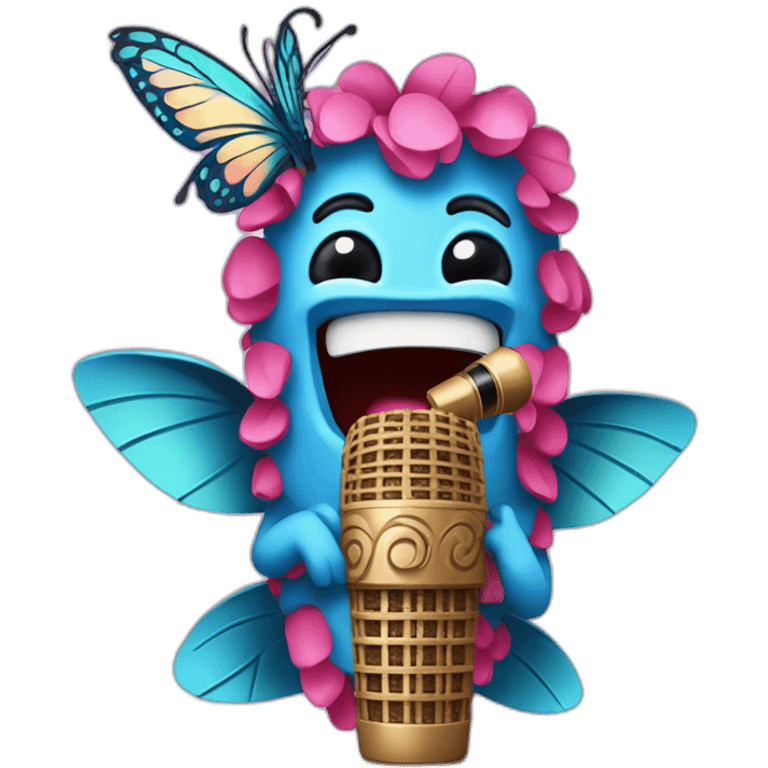 Cartoon Blue and pink tiki singing with butterfly and mikrophone emoji