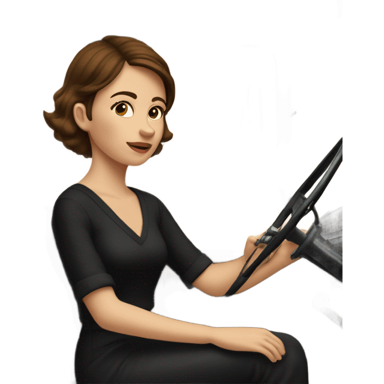 Girl with short brown hair in black V-neck blouse driving jalopy emoji