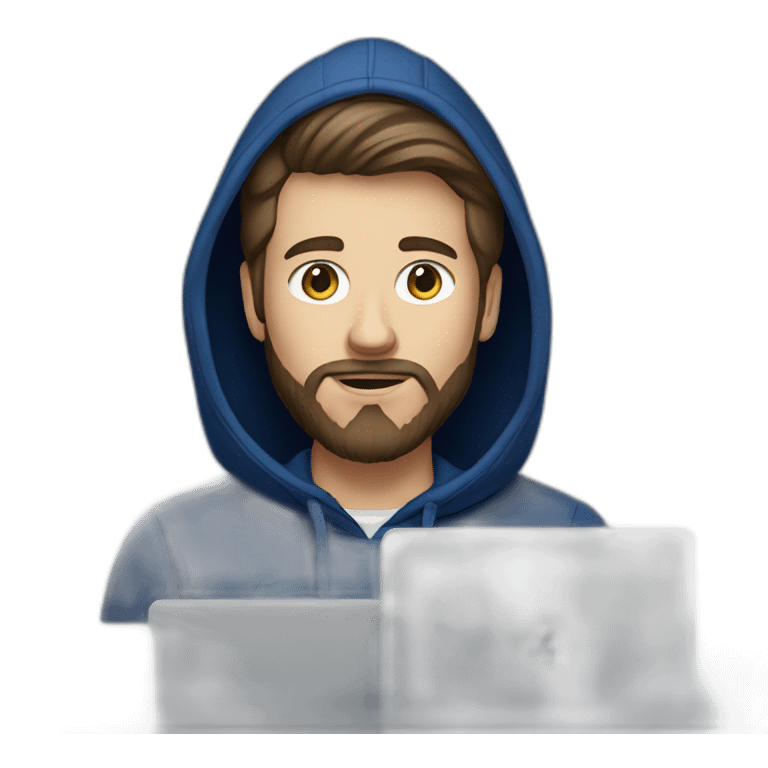 Brown hair white man with a beard typing on apple computer wearing a dark blue nike hoodie emoji