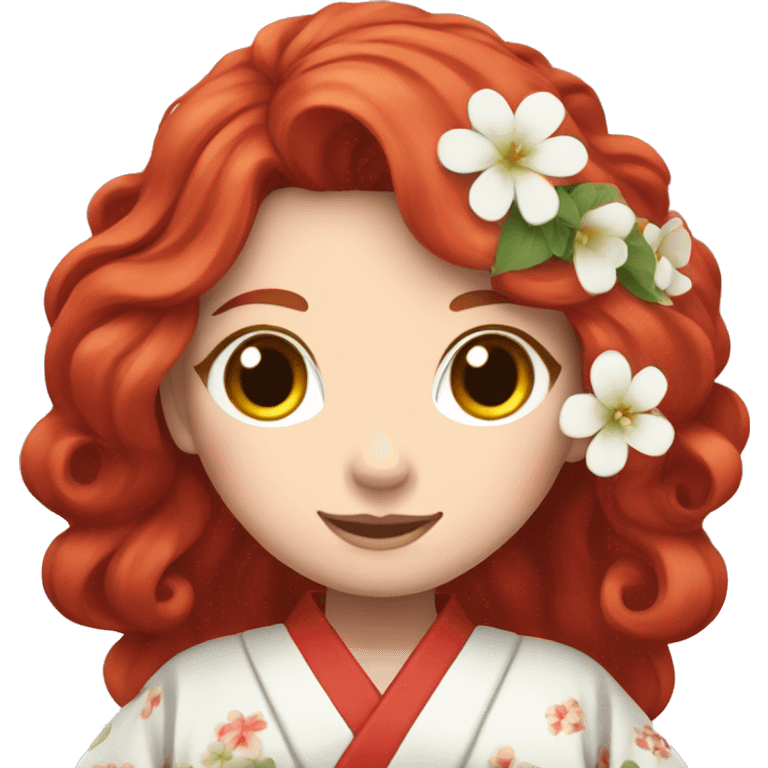 Long wavy Red hair woman, wearing a red kimono white flowers emoji