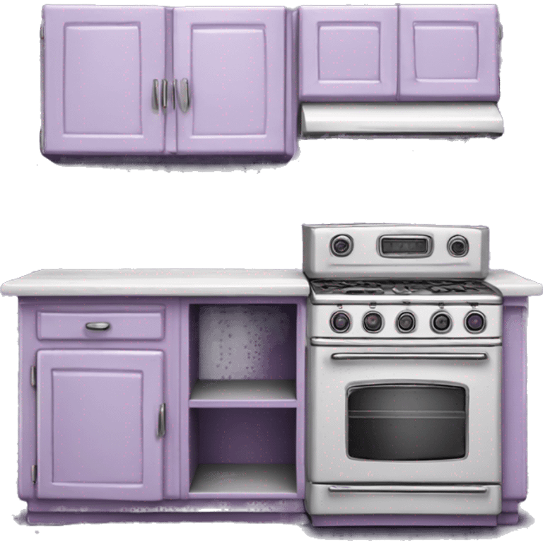 Isolated full length Realistic lavender vintage retro kitchen range with cabinets and counters. emoji