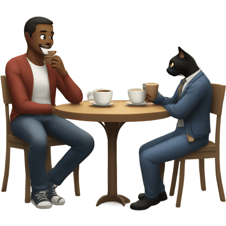 Cat having coffee at table with man emoji