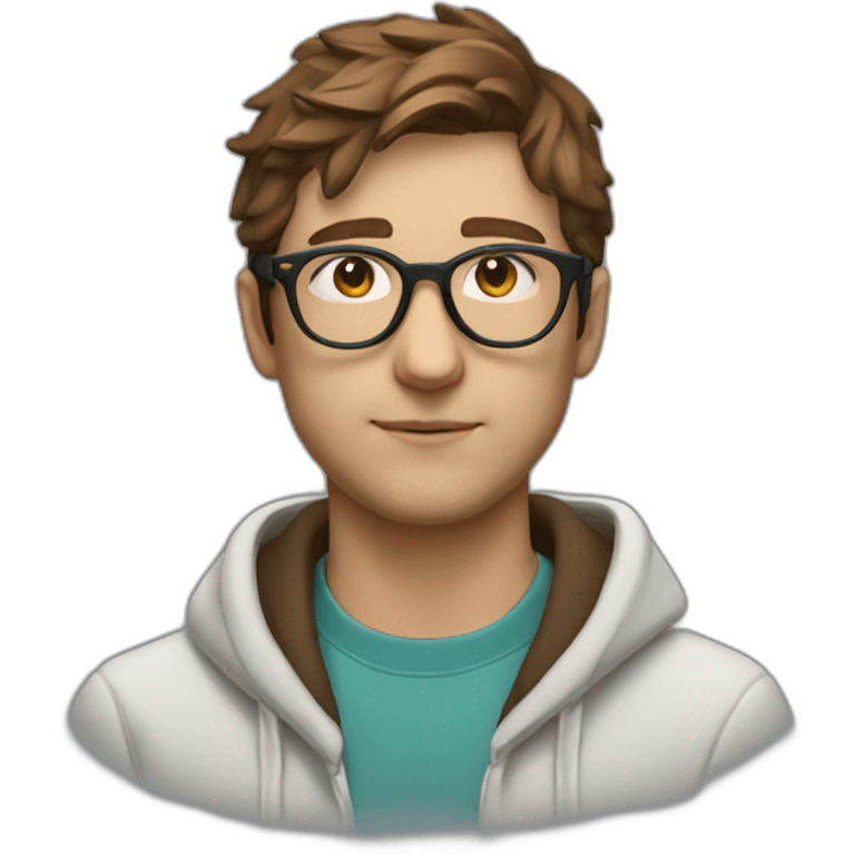 Profile shot white male heart face messy brown short tapered hair with clear plastic glasses and hoodie emoji