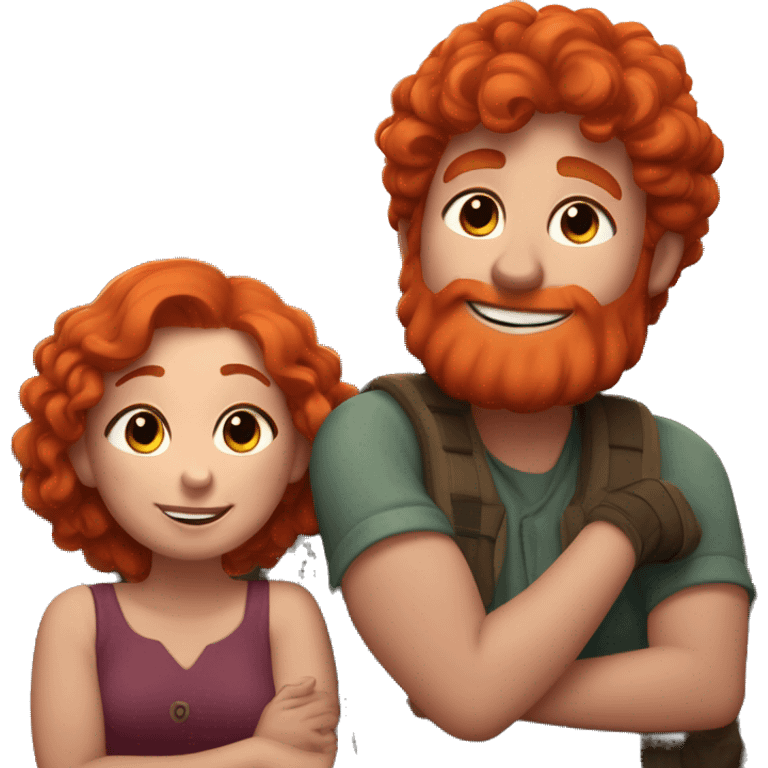 A happy red headed lady snuggling with her boy friend as they watch the sunset from up in the mountains emoji