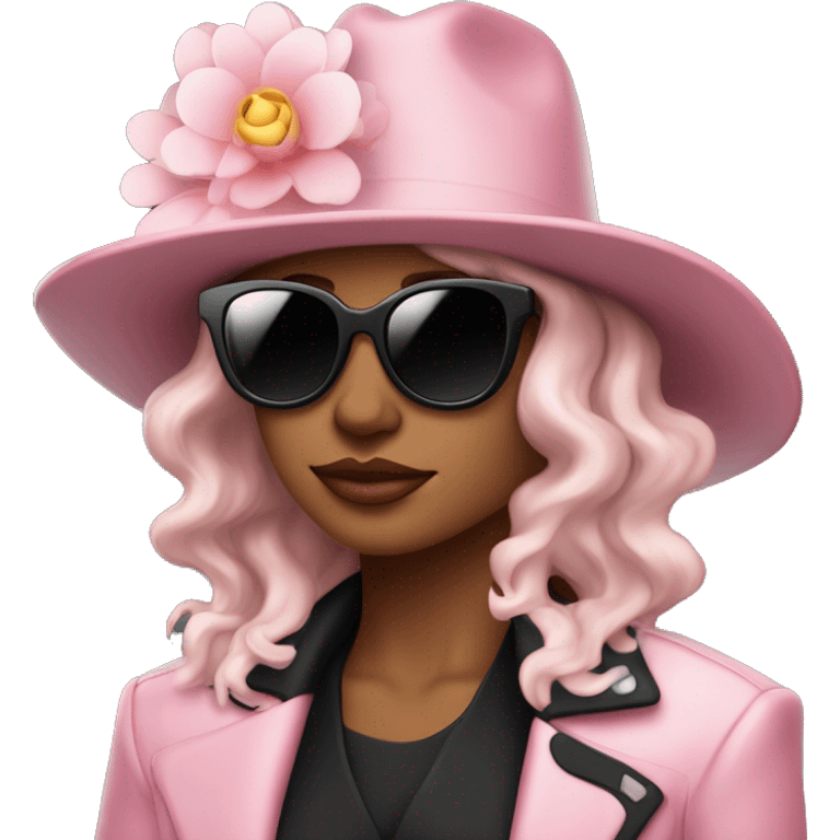  woman wearing a black hat adorned with a white flower and smaller decorative flowers. She is also wearing black sunglasses and a shiny pink jacket over a black top. She appears in a side profile pose , her head slightly tilted back. White skin emoji