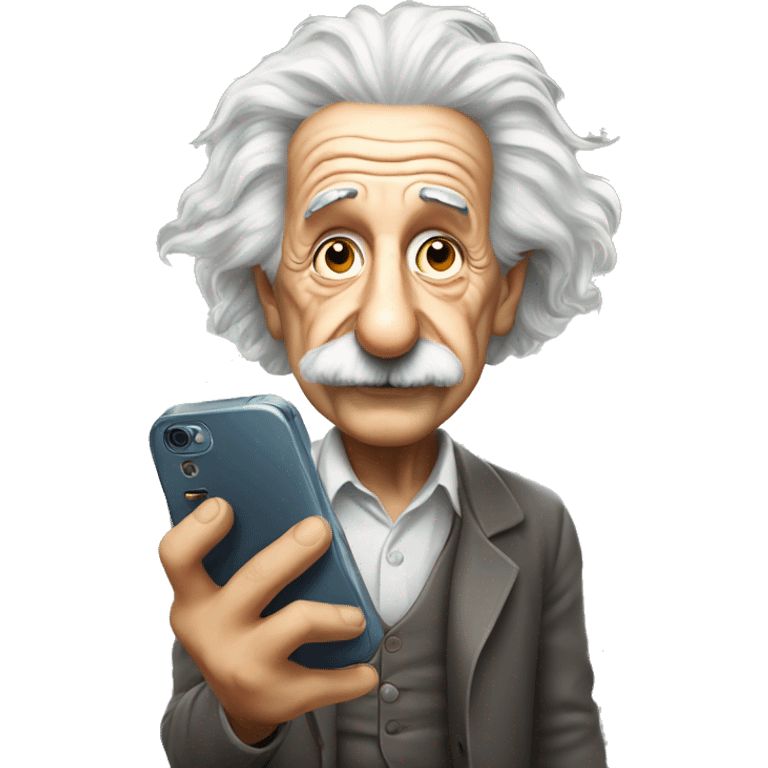 Albert Einstein holds a cell phone in his hands emoji