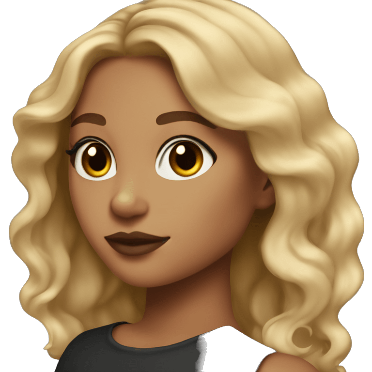 girl with tan skin, winged eyeliner, long dirty blonde wavy hair, and lipstick emoji