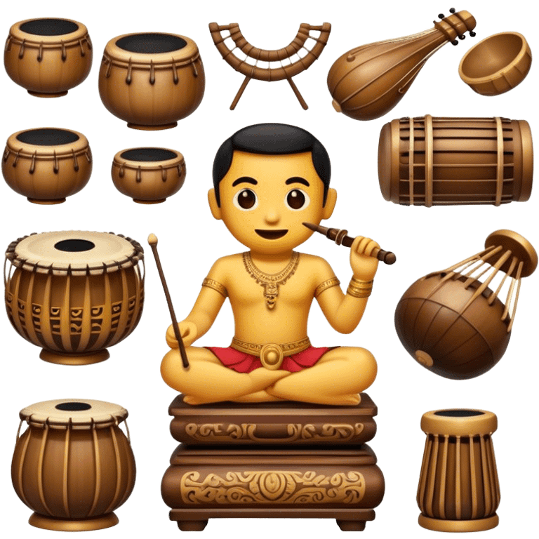 Cinematic Realistic Gamelan Pop Culture Emoji, depicted with an ensemble of traditional Indonesian instruments rendered with rich textures and rhythmic, cultural lighting. emoji