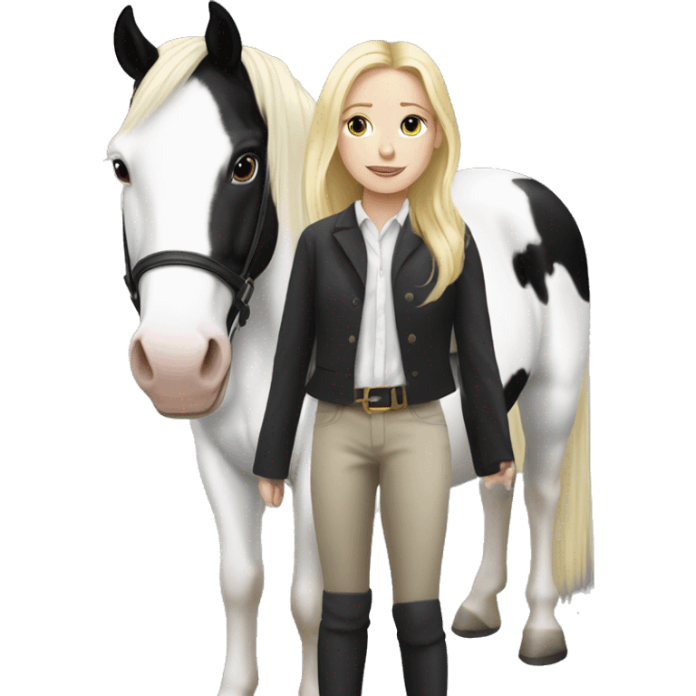 Black and white piebald horse with blonde girl on top  emoji