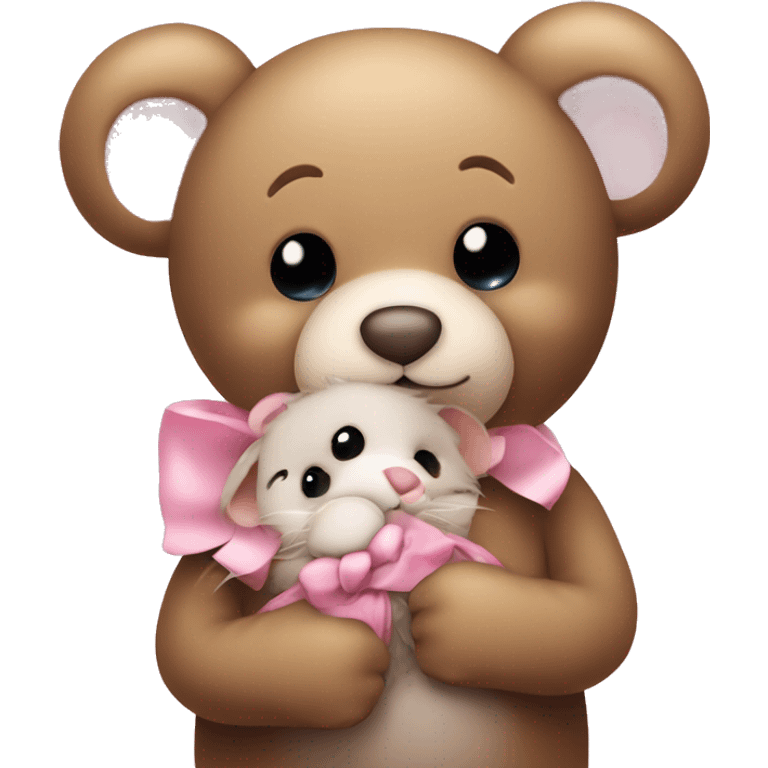 Teddy bear hugging a cute mouse with a pink bow emoji