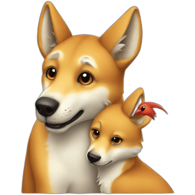 Dingo hugging a bird emoji