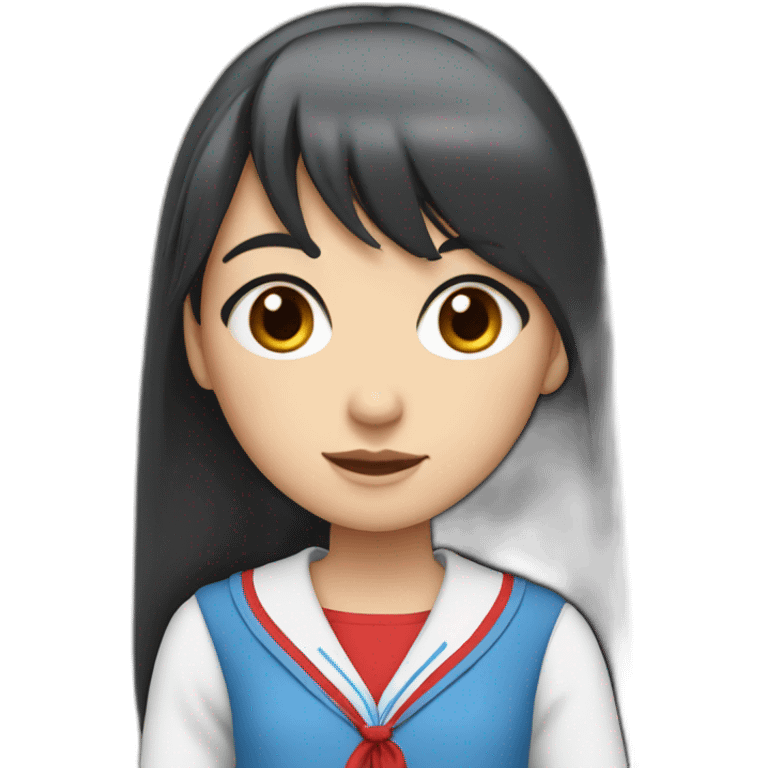 girl with long black hair, thick bangs, blue eyes, red school uniform emoji