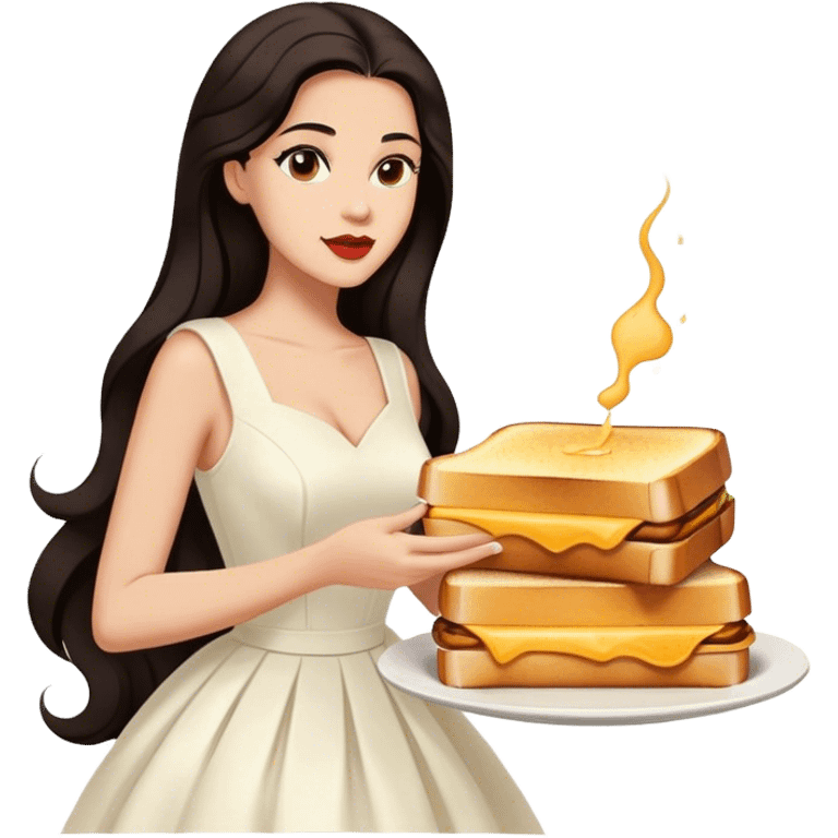 Beautiful woman in 1950’s woman fashion look, white dress, long dark brown hair, grilled cheese sandwiche emoji