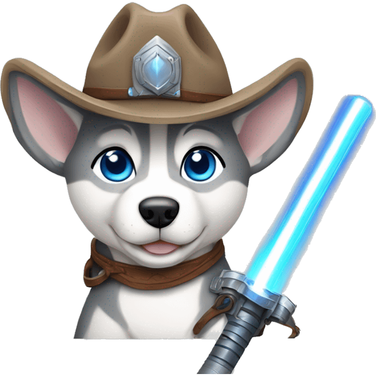 Gray Siberian Husky with blue eyes puppy wearing a cowboy hat dressed in Jedi clothing Holding a Lightsaber with the Paw emoji