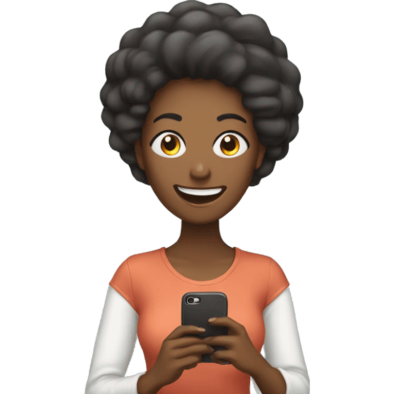 woman smiling and shwoing her phone emoji