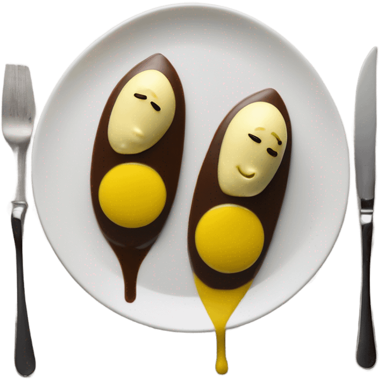 1 Chocolate quenelle and 1 vanilla quenelle on a fine dining glass plate with 3 small drops of yellow sauce as decoration emoji