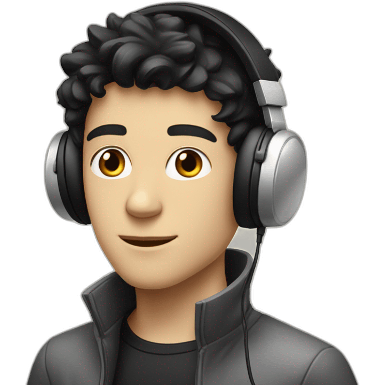 young white guy, black hair, headphones, science fiction emoji