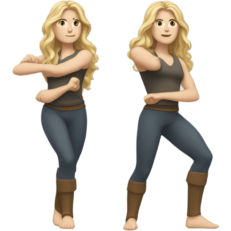 White woman, long hair, blonde hair, wavy hair, warrior 2 pose emoji