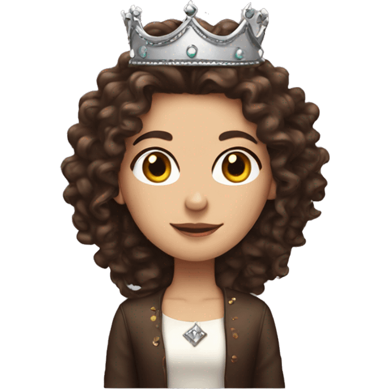 White girl with dark brown long curly hair wearing a crown emoji