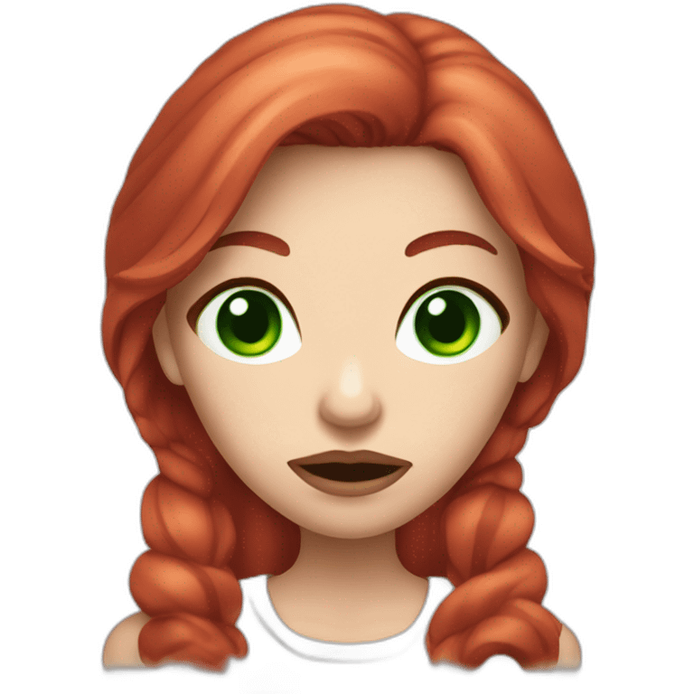 vegan woman white skin red hair green eyes disgusted holding meat emoji