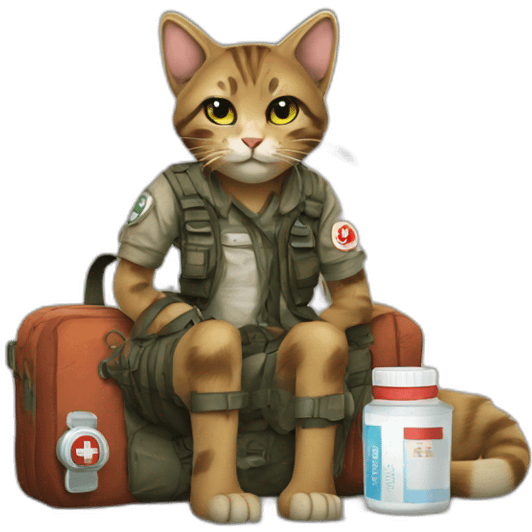 Post-apocalyptic fiction; cat;  first aid kit; emoji