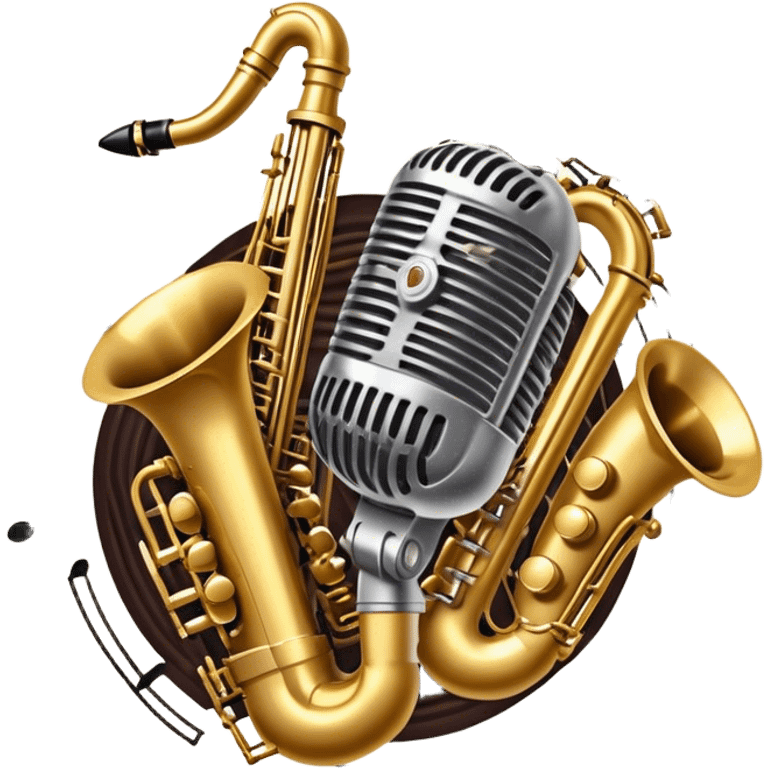 Create an artistic and dynamic emoji representing jazz vocal performance, featuring a vintage microphone as the central focus. Surround the microphone with traditional jazz instruments, such as a saxophone, trumpet, and upright bass, arranged in a harmonious, flowing design. Add musical notes and sound waves emanating from the microphone to symbolize the improvisational and expressive nature of jazz vocals. The instruments should have a polished, classic appearance with metallic gold and silver accents. Use rich colors like deep black, gold, and burgundy to evoke the sophisticated and soulful atmosphere of a jazz club. The background should be transparent. emoji