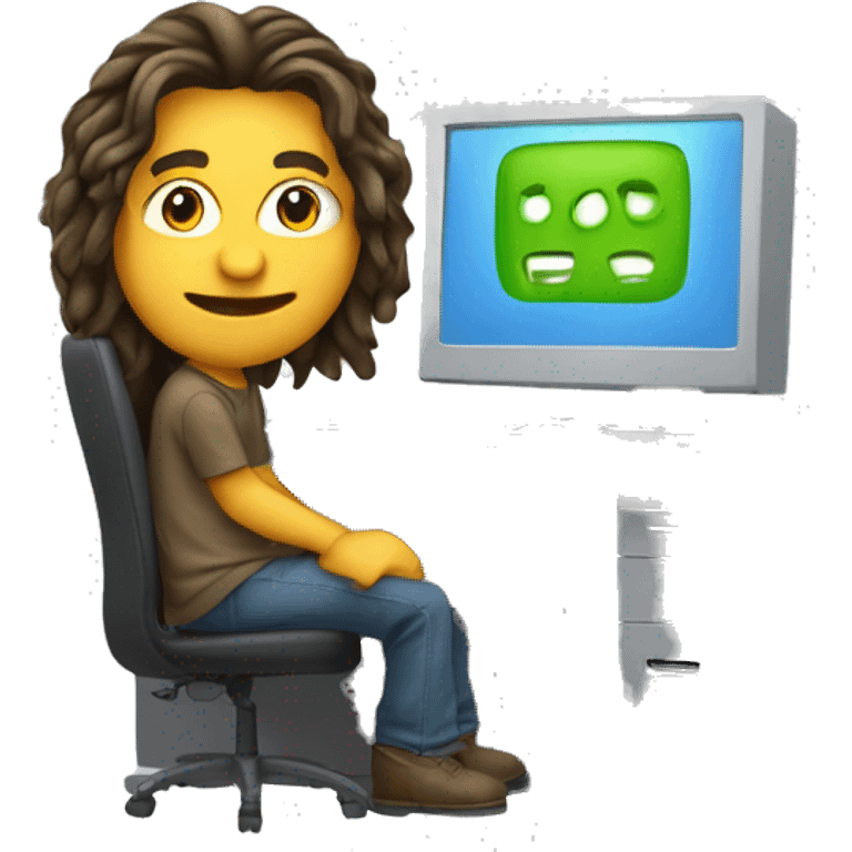 computer coder without eyeglasses, long hair happy and sitting emoji