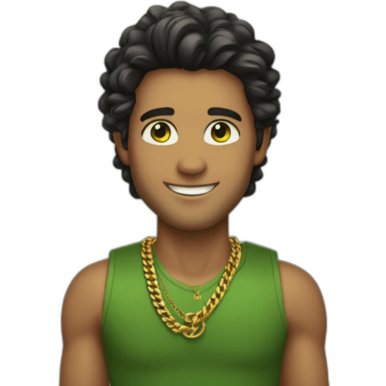 smiling man with tan skin with vibrant green eyes dark hair and a gold chain emoji