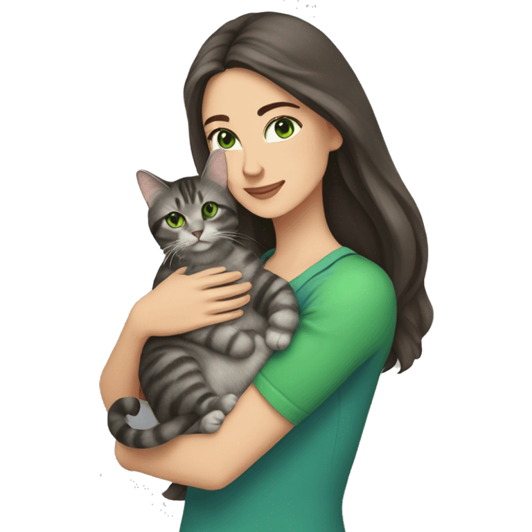 A woman with long dark brown hair and green eyes holds a gray tabby cat with green eyes in her arms emoji